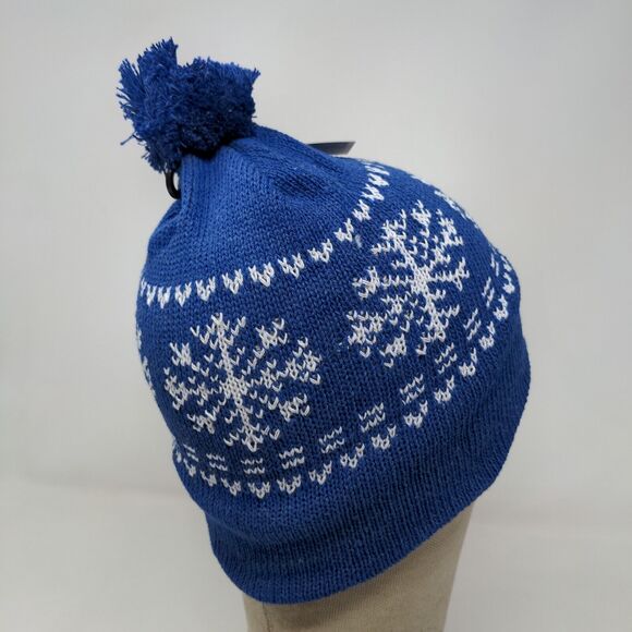 Juncture Women's Knit Beanie Hat Blue Fair Isle Fleece Lined Pom Pom W/Tags - Picture 7 of 12